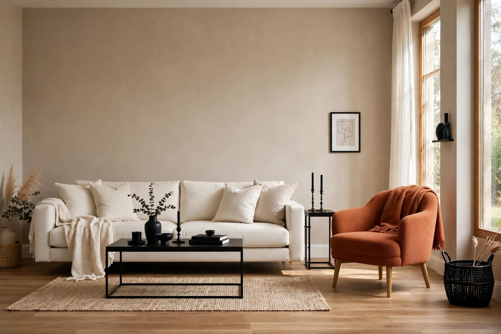 Living room with warm neutral walls, ivory sofa, terracotta chair and black accents showing the 60-30-10 color rule