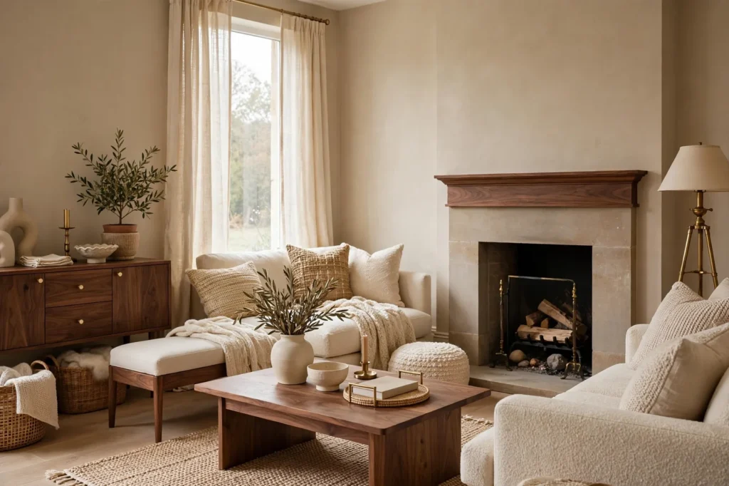 Warm and cozy living room with warm beige greige walls, walnut furniture, cream upholstery and brass accents