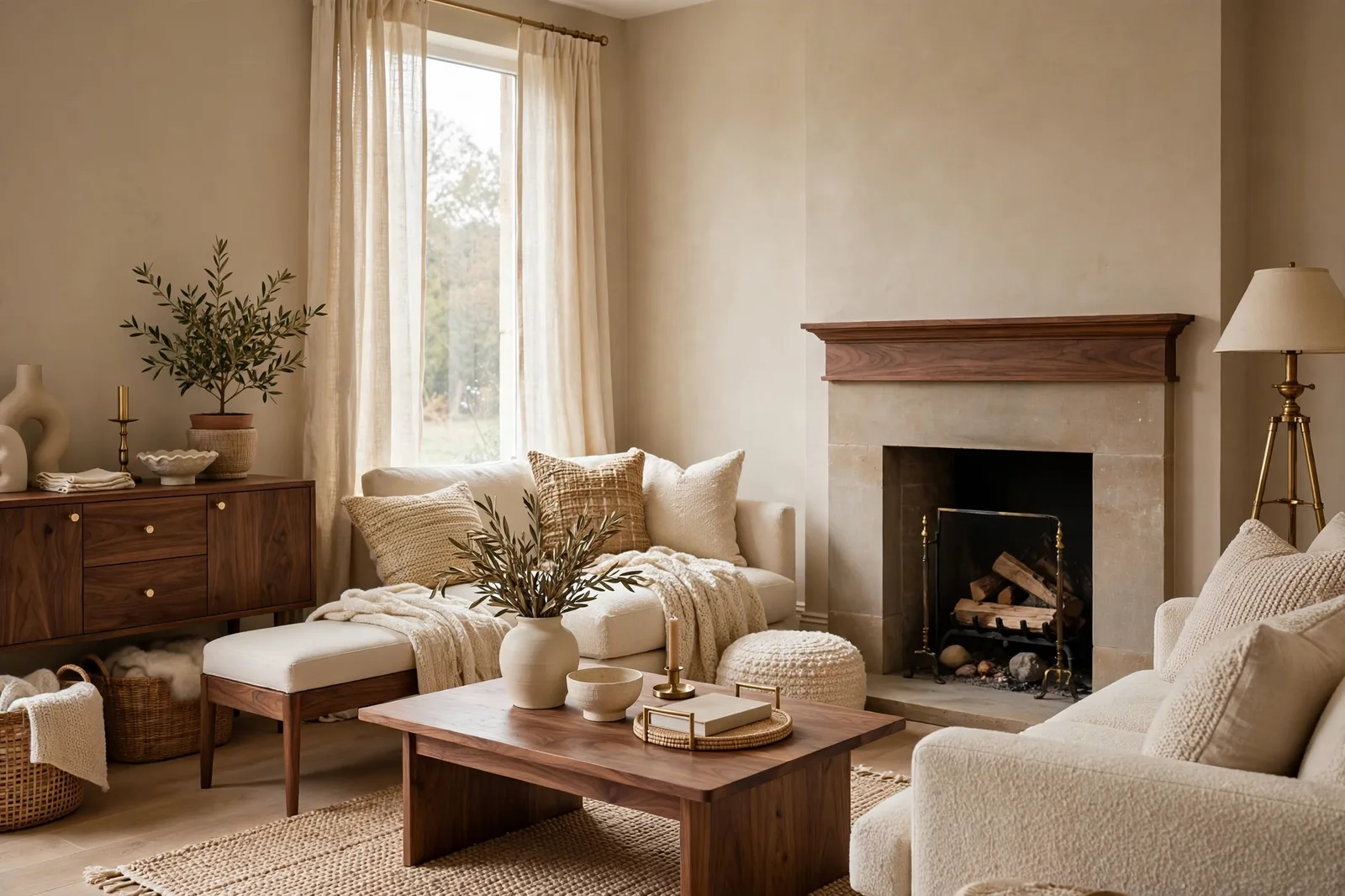 Warm and cozy living room with warm beige greige walls, walnut furniture, cream upholstery and brass accents