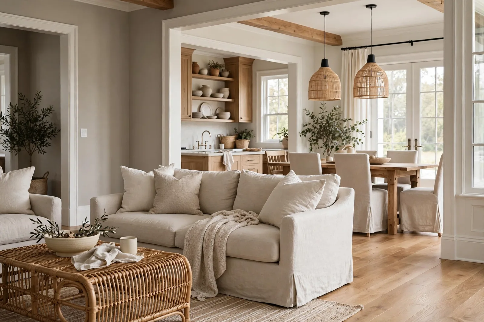 Sophisticated open-plan living space with warm gray-beige greige walls, oak floors and linen sofas