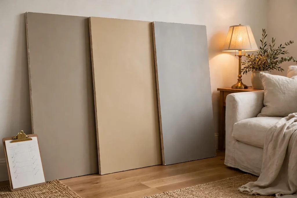 Three painted sample boards in warm greige, warm beige and soft gray leaning on a living room wall