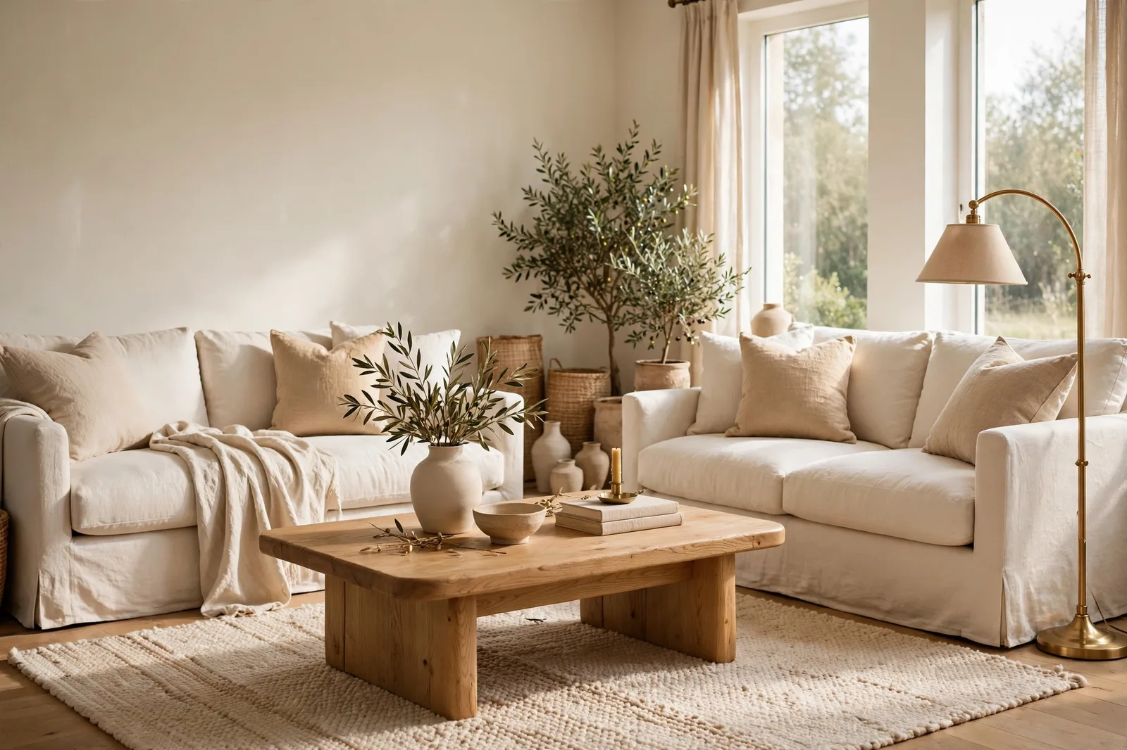 Elegant living room with warm creamy off-white walls, linen sofas, oak coffee table and brass lamp
