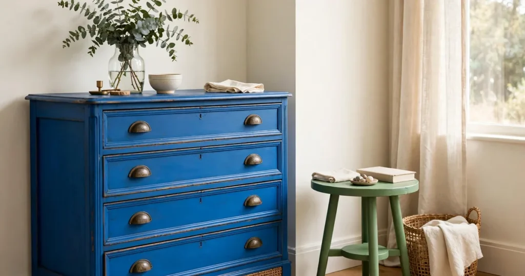 Blue painted chest of drawers with a green stool in a soft daylight room
