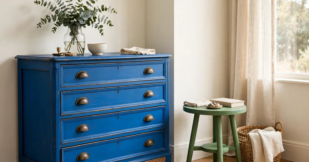 Blue painted chest of drawers with a green stool in a soft daylight room