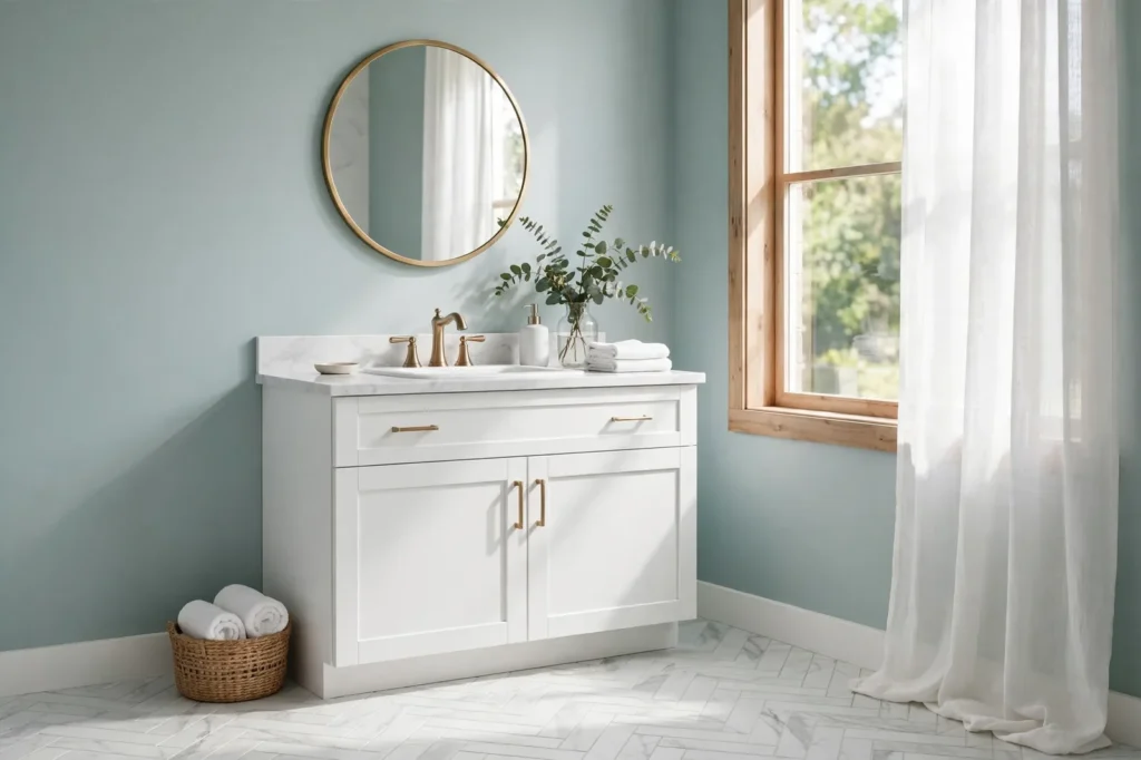 Fresh spa-like bathroom with pale blue-green walls, marble-look tile, white vanity and brass fixtures