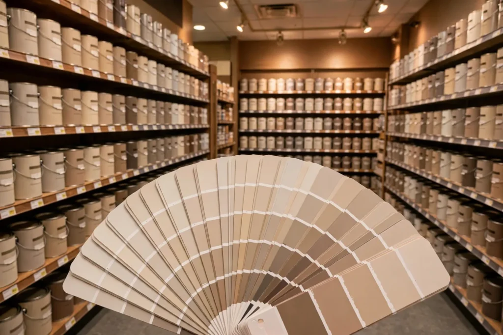 Paint aisle with cans of warm neutral paint colors and a fan deck of beige and greige swatches