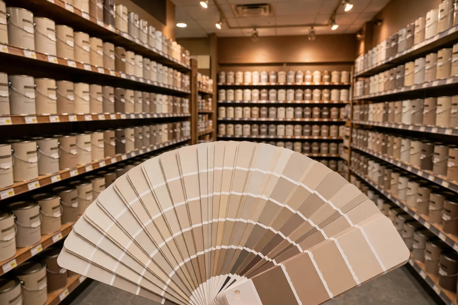 Paint aisle with cans of warm neutral paint colors and a fan deck of beige and greige swatches