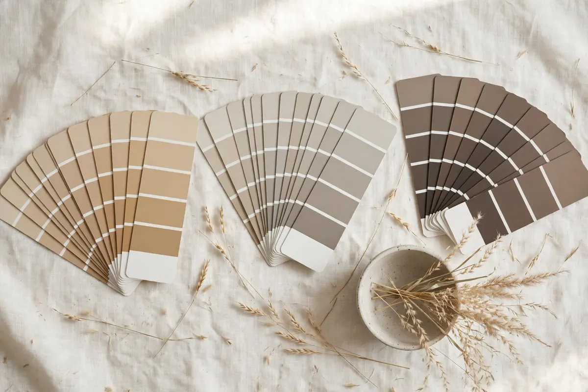 Three paint swatch fans comparing warm beige, balanced greige and deep taupe color families