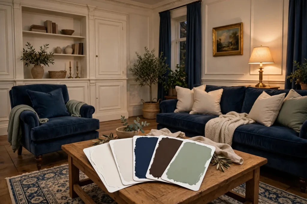 Traditional living room with navy velvet sofas and paint swatch cards in Benjamin Moore-style colors on coffee table