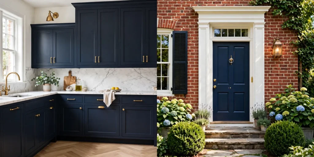 Kitchen with deep navy cabinets and brass hardware beside a brick house exterior with navy front door