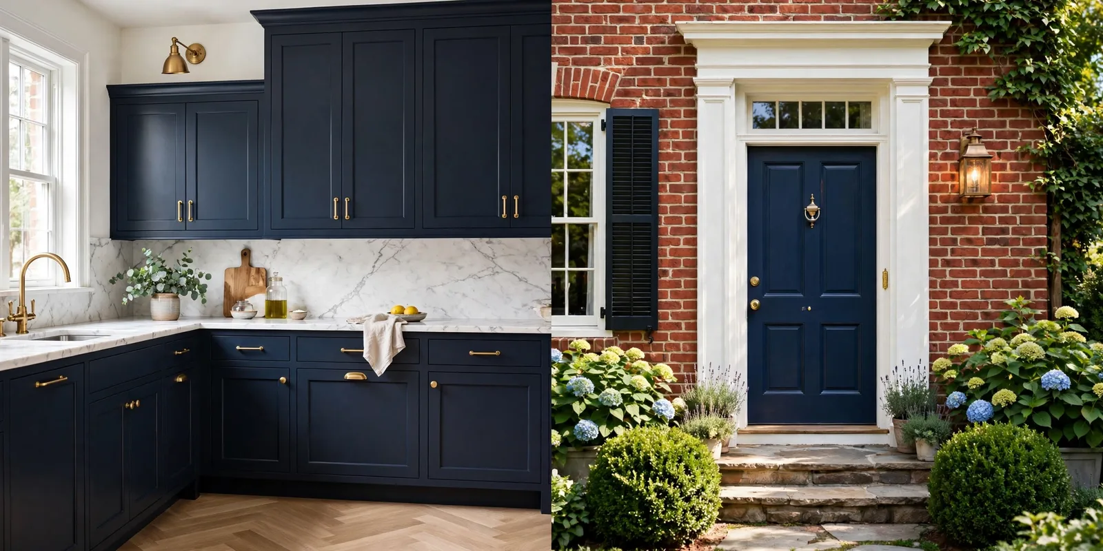 Kitchen with deep navy cabinets and brass hardware beside a brick house exterior with navy front door