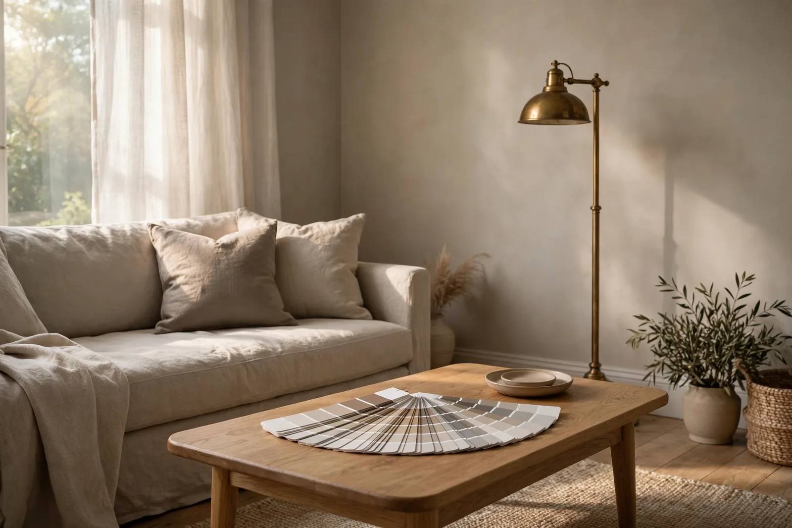 Living room with warm greige walls, linen sofa, oak coffee table and a fan of greige and taupe paint swatches