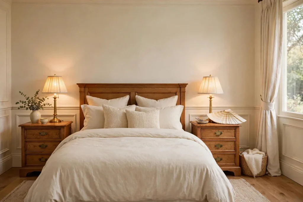 Cozy bedroom with warm creamy white walls, oak nightstands, brass lamps and warm white paint swatches