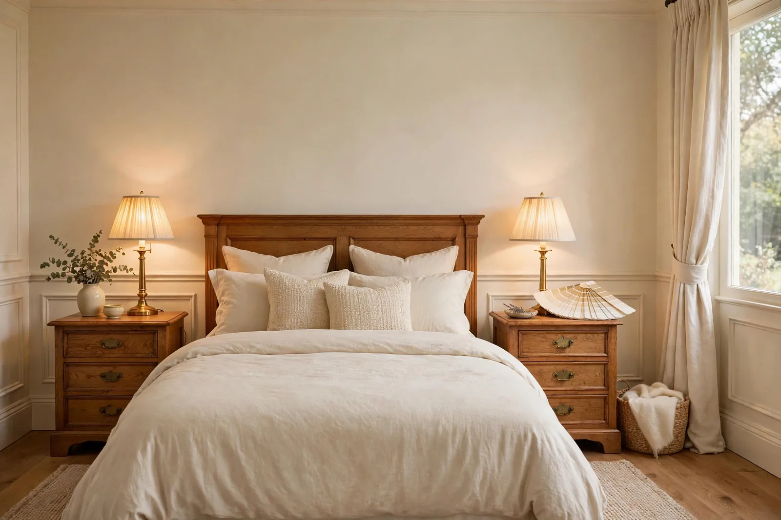 Cozy bedroom with warm creamy white walls, oak nightstands, brass lamps and warm white paint swatches