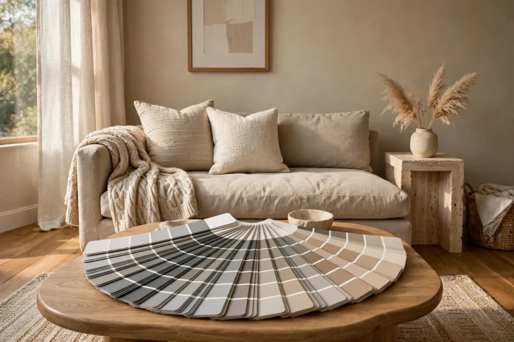 Living room with warm greige walls and fan deck of greige paint swatches on coffee table