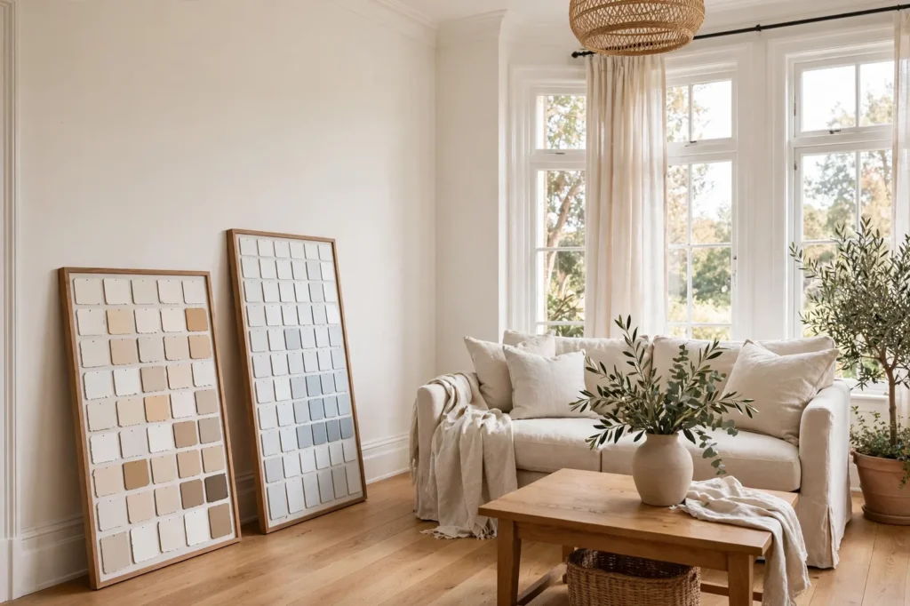 Bright room with warm white walls, paint swatch boards showing warm and cool whites leaning on the wall, oak floor