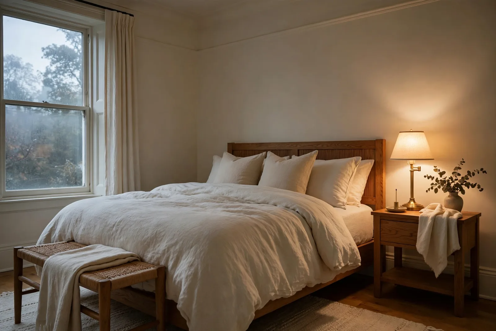 Bedroom with warm white Alabaster walls, warm white trim, cream linen bedding, warm oak furniture, brass lamp glowing in dim north-facing light