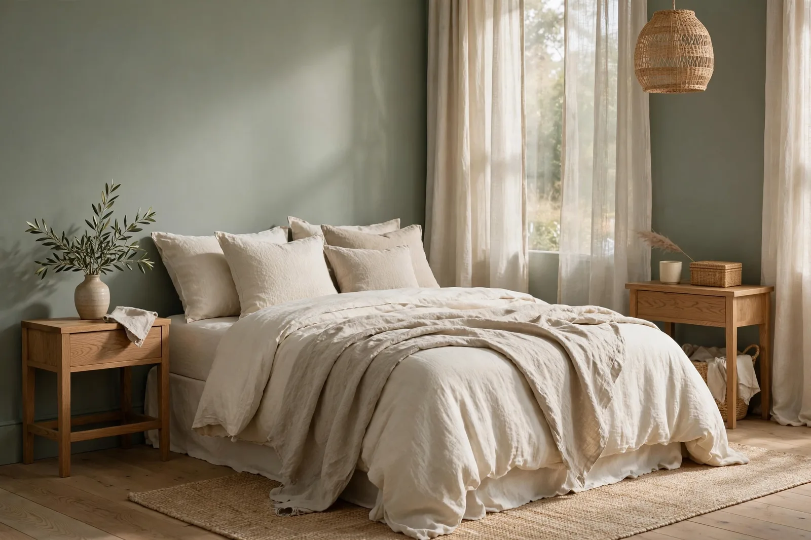 Serene bedroom with muted sage-green walls, layered cream linen bedding and oak nightstands in soft morning light