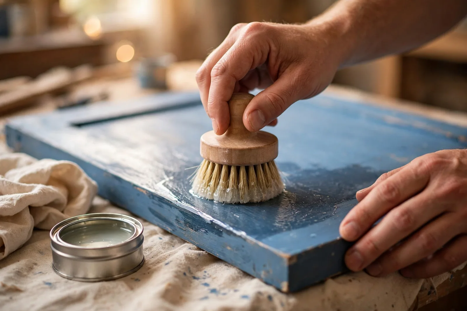 Applying clear wax to chalk painted furniture with a wax brush