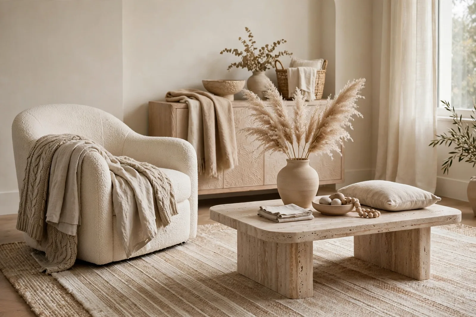 Styled neutral living space with boucle chair, travertine table and layered textures