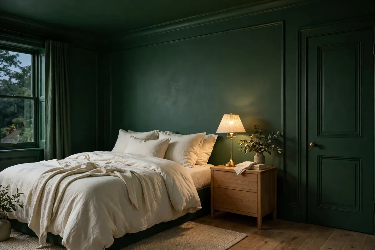 Bedroom fully color drenched in deep botanical green, including walls, trim, door and ceiling
