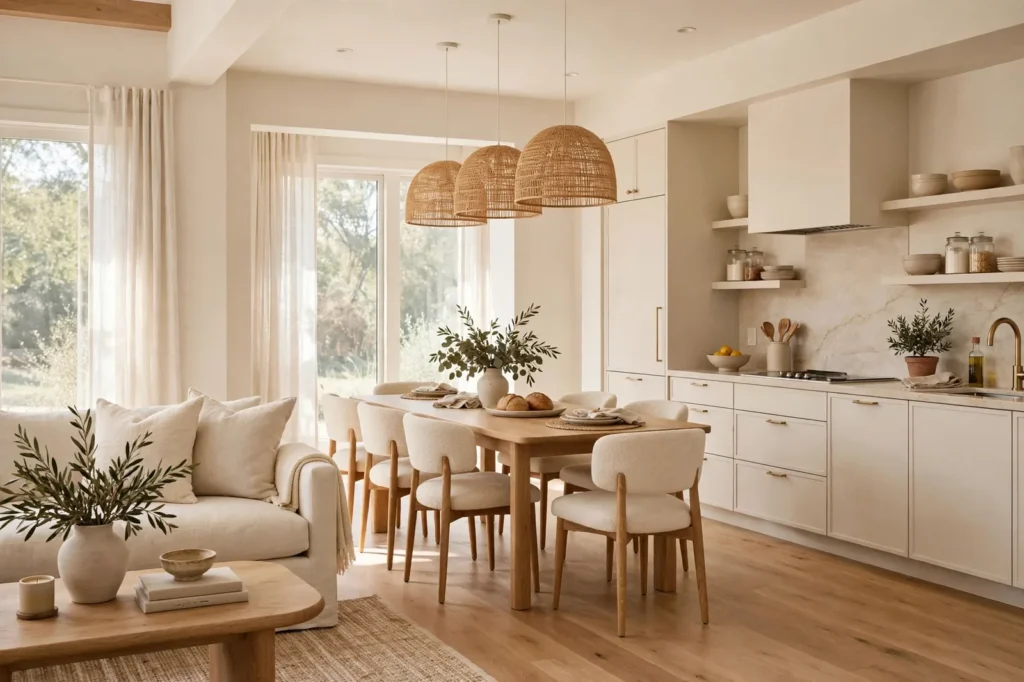 Bright open-concept living dining kitchen in one continuous warm ivory neutral