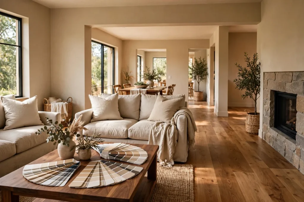 Open-plan living space with warm wood floors, cohesive warm greige walls flowing between rooms, paint swatch fans on walnut table, stone fireplace