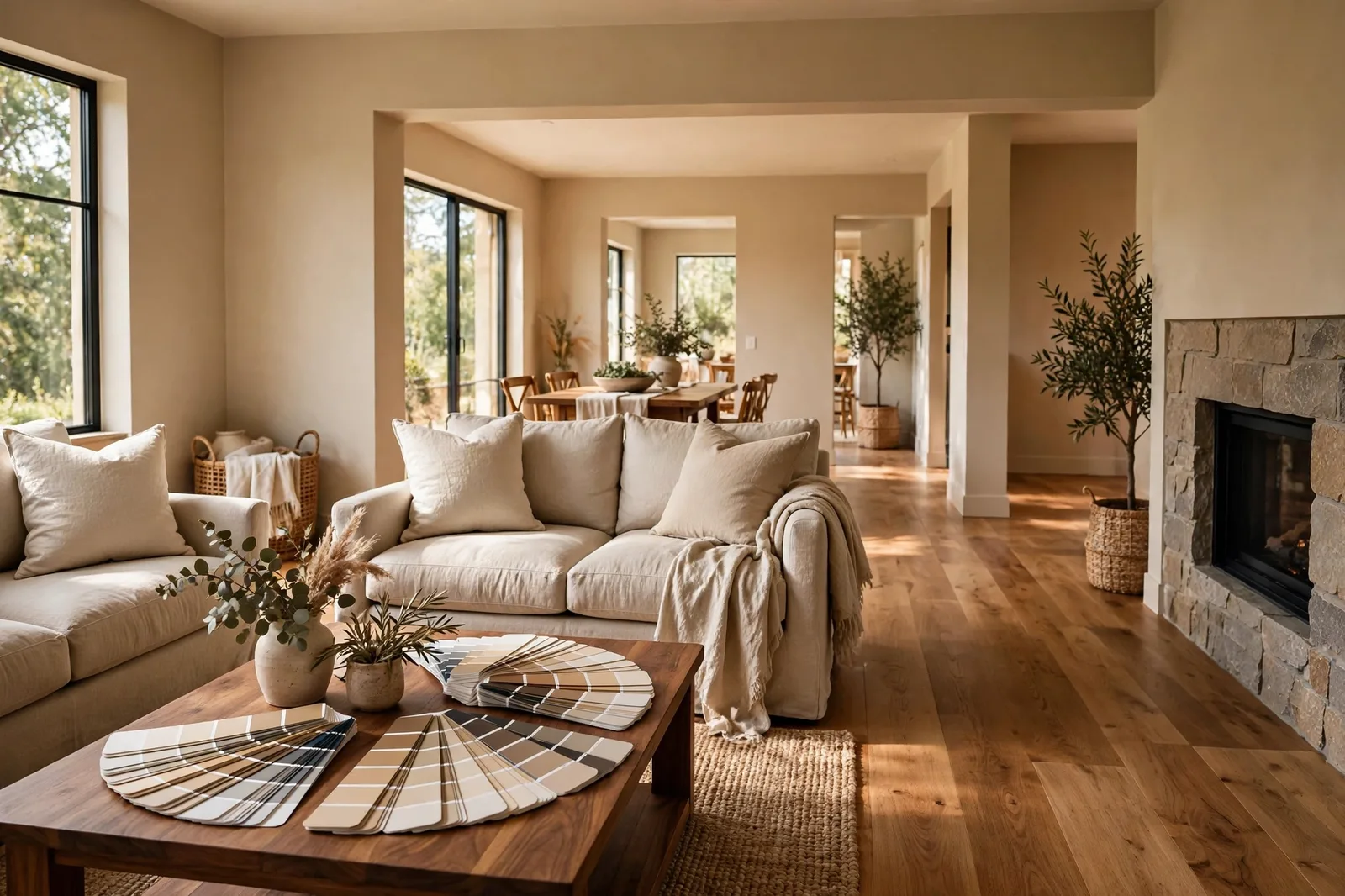 Open-plan living space with warm wood floors, cohesive warm greige walls flowing between rooms, paint swatch fans on walnut table, stone fireplace