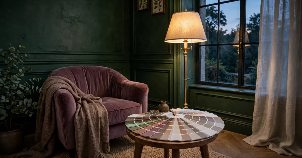 Moody living room with botanical green walls, Benjamin Moore 2027 Color of the Year predictions