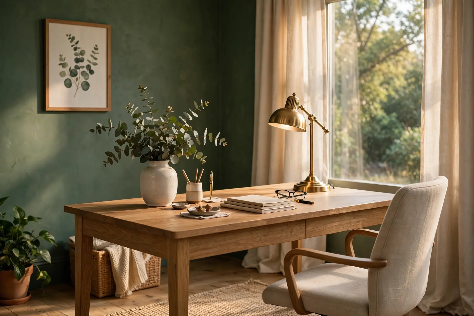 Home office with botanical green walls and oak desk