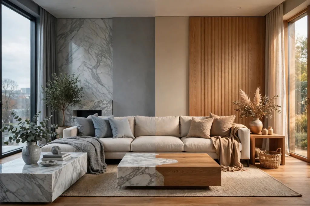Split room with cool gray walls on the left and warm greige walls on the right