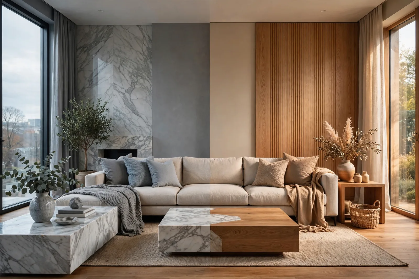 Split room with cool gray walls on the left and warm greige walls on the right