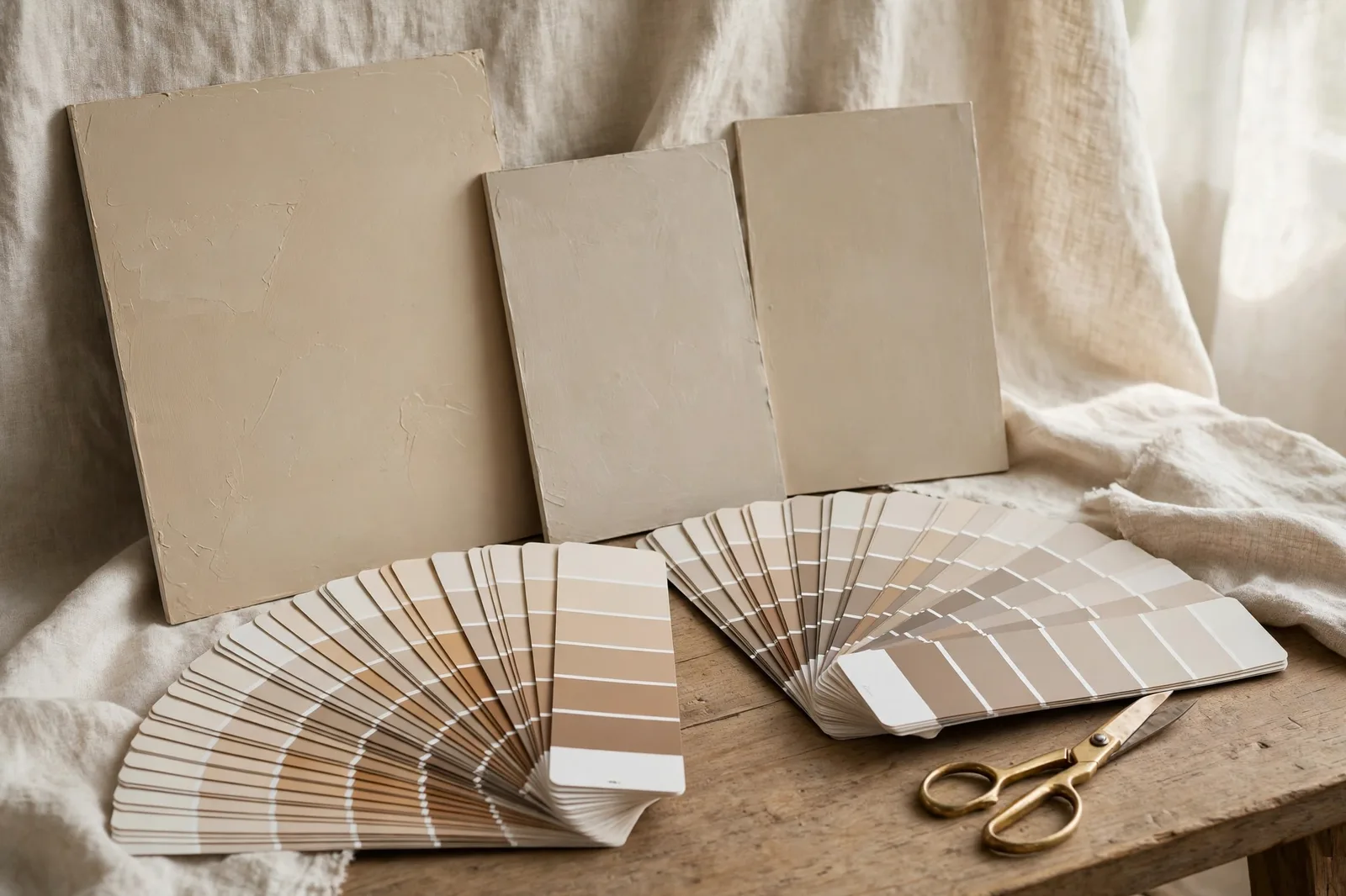 Paint sample boards and two fan decks of warm neutral paint swatches on a designer's worktable