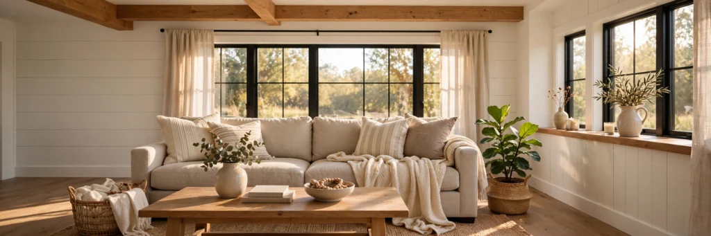 Cozy farmhouse living room with neutral sofa and plants