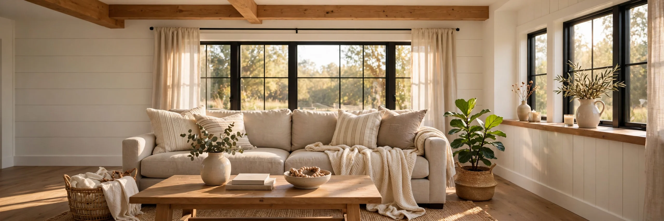 Cozy farmhouse living room with neutral sofa and plants