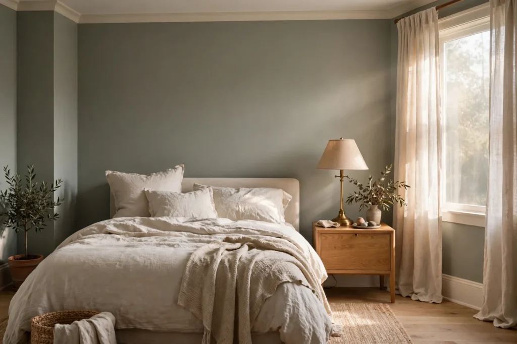 Serene bedroom with muted gray-green Evergreen Fog walls, warm white trim and ceiling, natural linen bedding, warm oak nightstand, brass lamp
