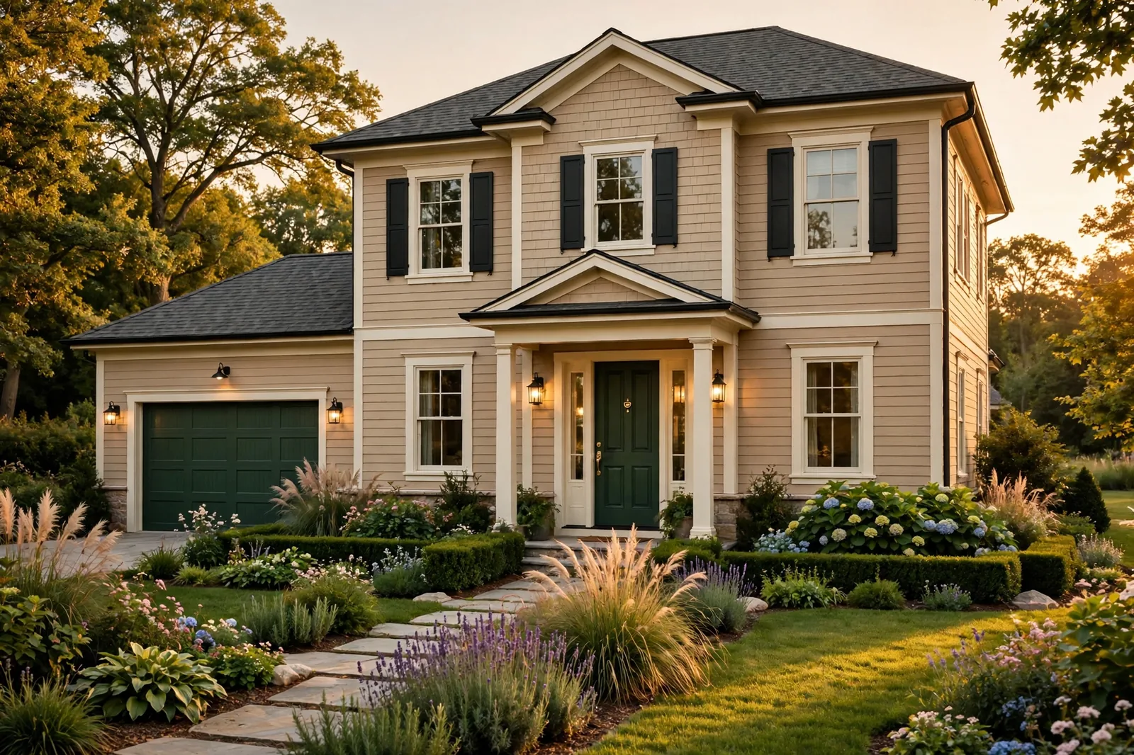 House exterior with warm greige siding, ivory trim and deep green front door