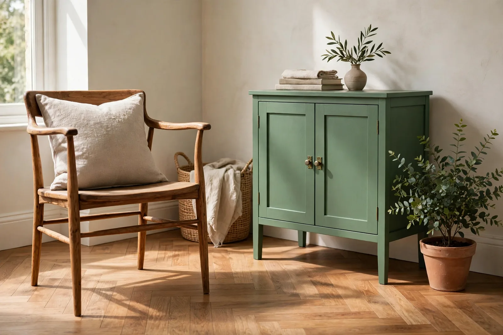Wooden chair and cabinet painted in Firle green chalk paint, Annie Sloan 2027 Colour of the Year