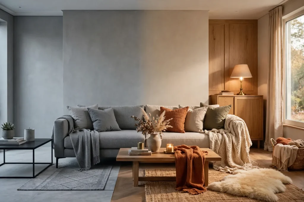 Warm neutral living room with warm greige walls, oak furniture, brass lamp and layered textiles