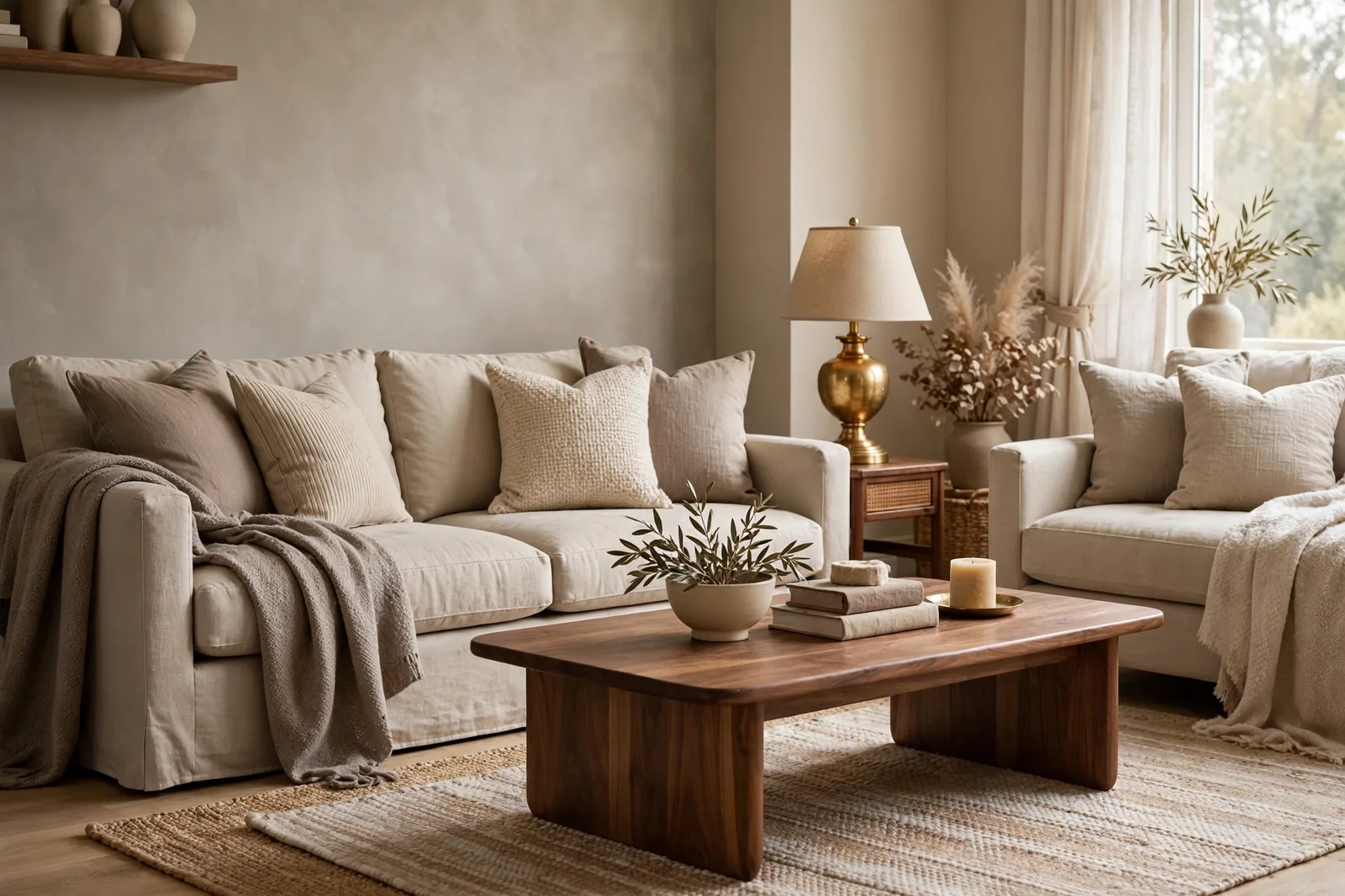 Living room with warm greige walls blending beige and gray, beige linen sofas, walnut coffee table and brass lamp