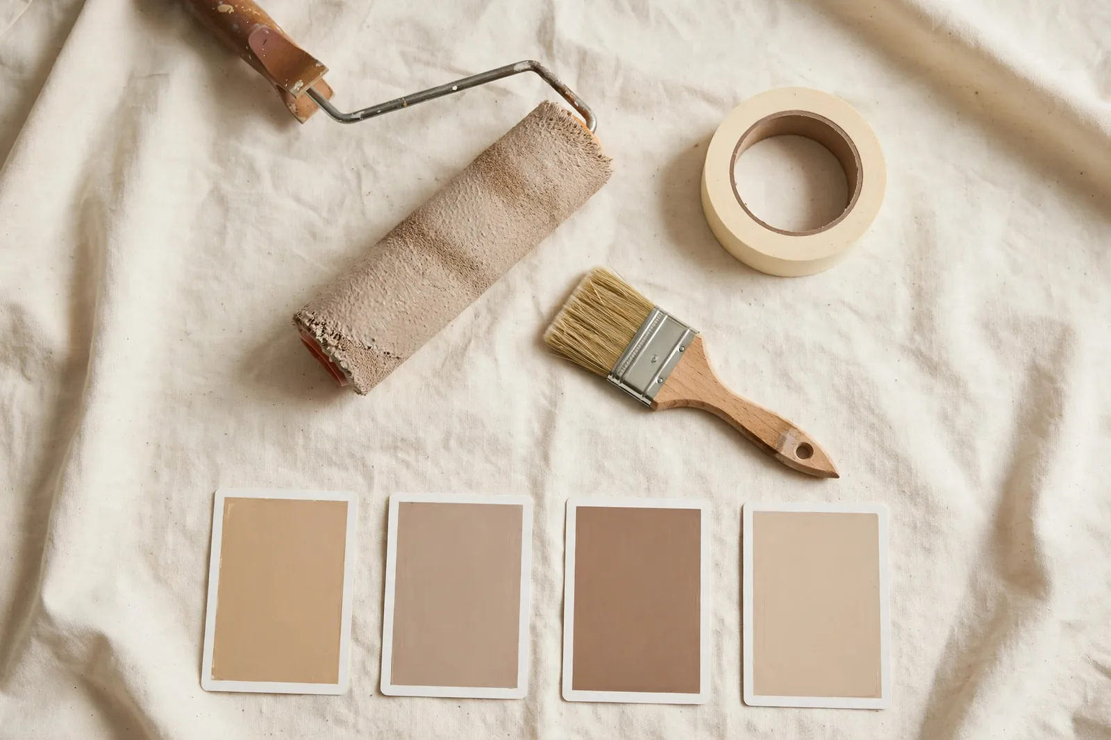 Paint roller, brush and warm-neutral swatches arranged for a painting project