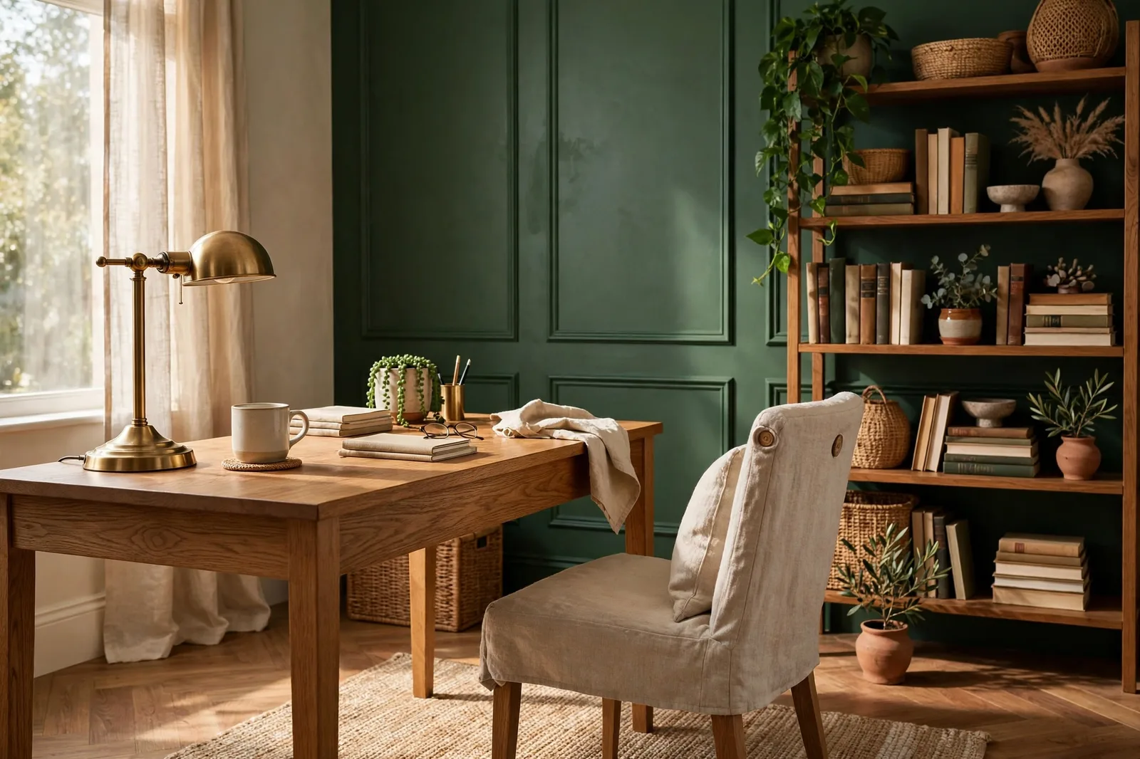 Cozy home office with deep green accent wall, oak desk, brass lamp and bookshelf in warm daylight