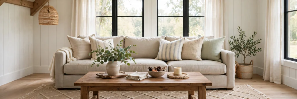 Neutral fabric sofa styled in a bright farmhouse living room