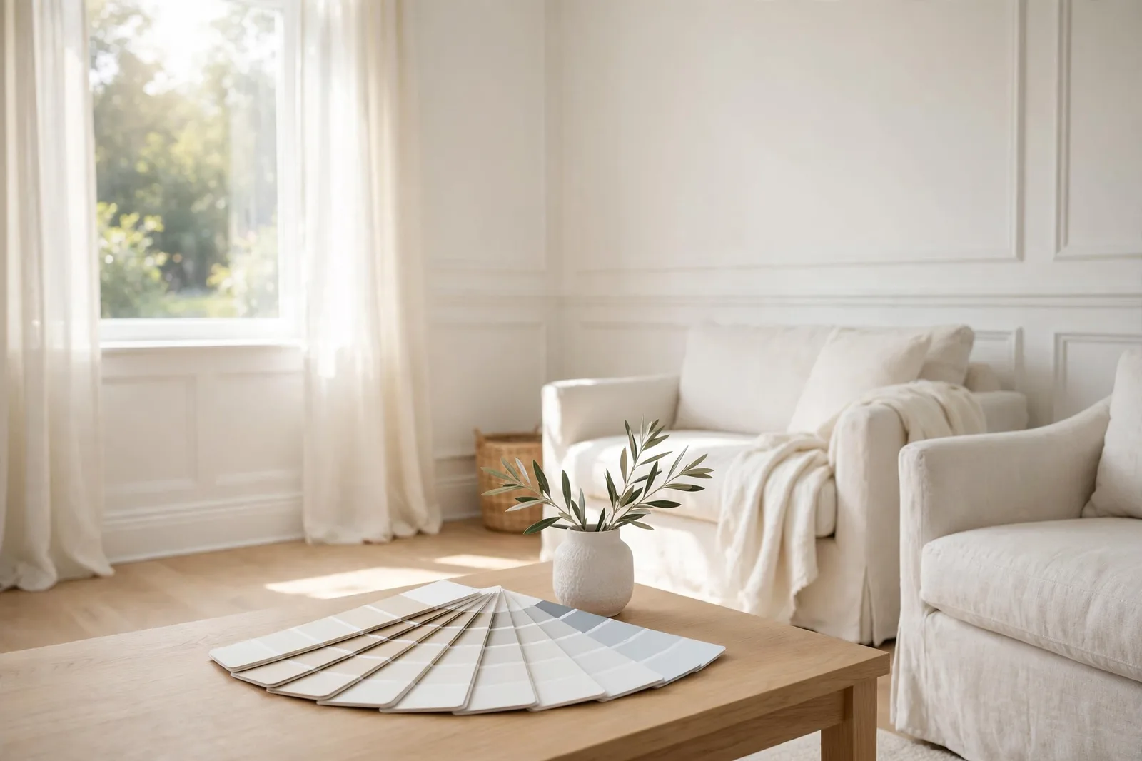 Luminous white room with white paint swatch fan on oak table