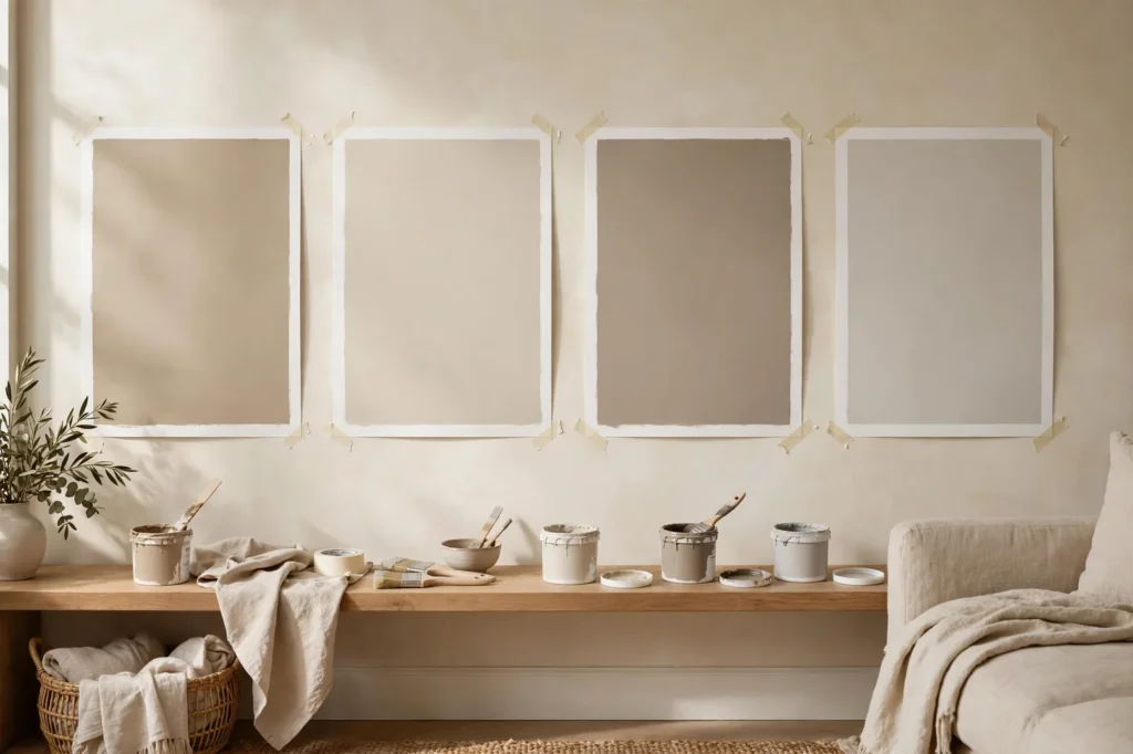 Poster boards with neutral paint samples taped to a living room wall