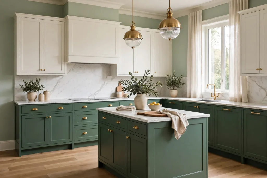 Kitchen with deep green lower cabinets, warm white uppers, marble counters and soft sage-green walls