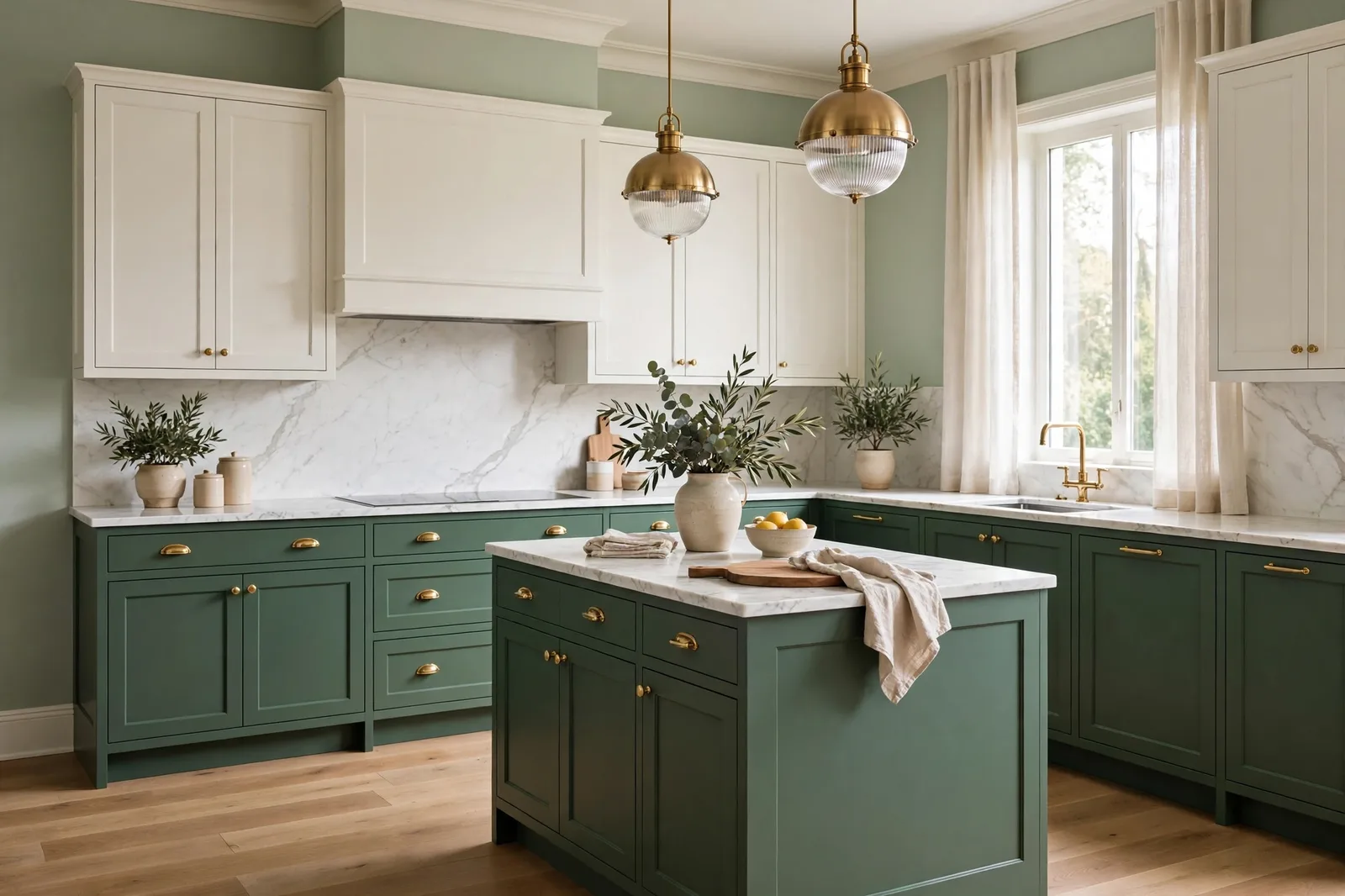 Kitchen with deep green lower cabinets, warm white uppers, marble counters and soft sage-green walls