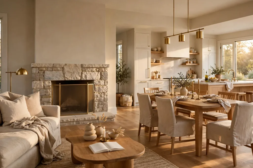 Open-plan living room with warm greige walls flowing into a dining area, linen sofas and stone fireplace
