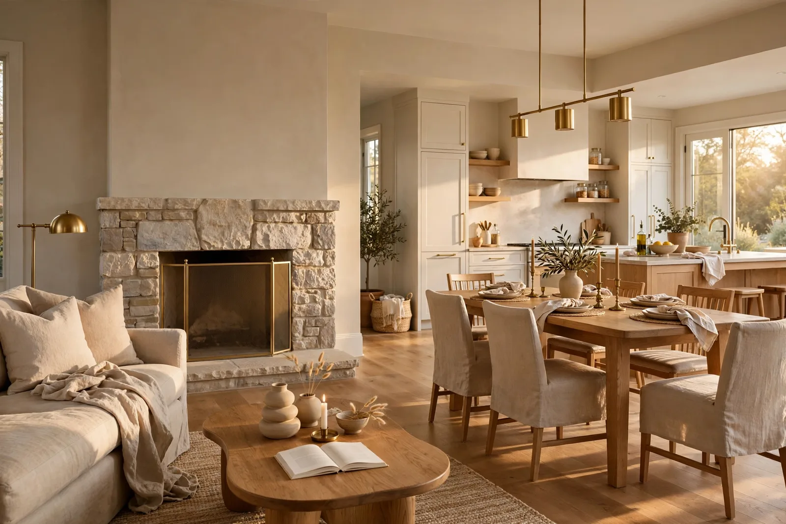Open-plan living room with warm greige walls flowing into a dining area, linen sofas and stone fireplace