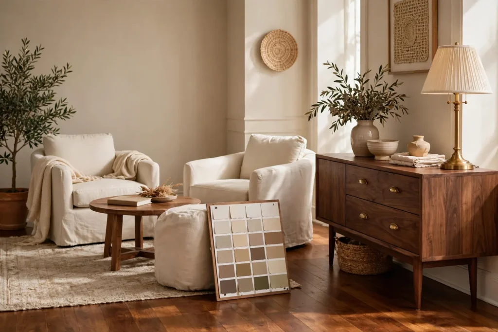 Living room with rich warm wood floors and soft greige walls, paint swatch board held against the floor, walnut console